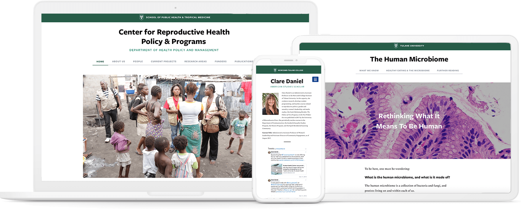 Screenshots of three Tulane University websites, including a public health website a biology lab website and a personal CV website. 