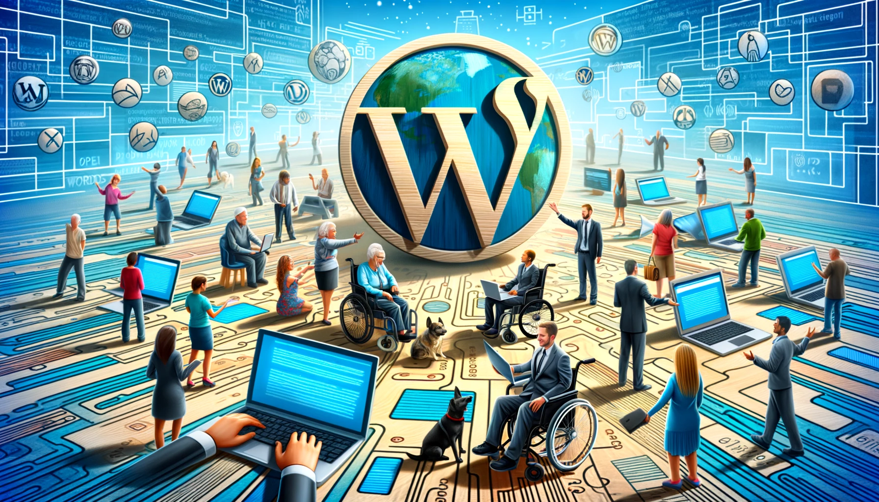 The WordPress Logo, a large W, is in the middle of a 3D graphic world of computers and people using various assitive devices like wheelchairs. The image was generated to embody the themes of web accessibility and WordPress integration, as discussed in the blog post.