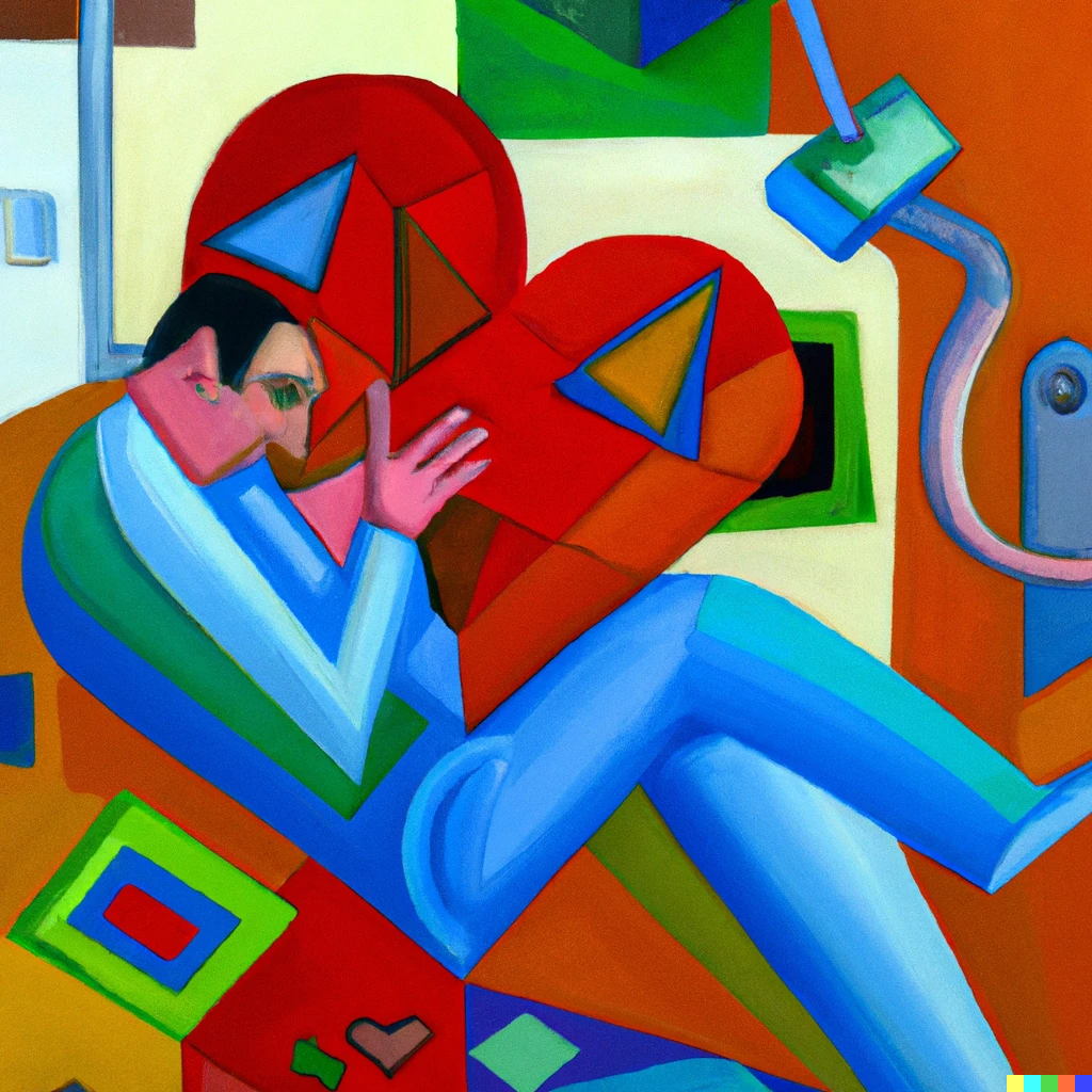 Cubist portrait of a man falling in love with his computer